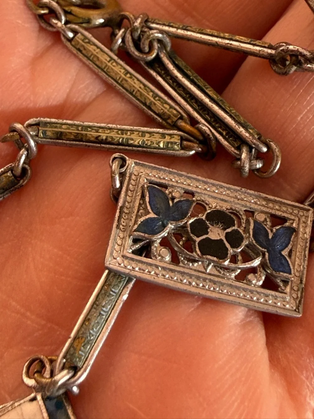 Antique Art Deco 1920 Blue Checho Glass Guilloche enamel choker Necklace - Picture 15 of 17